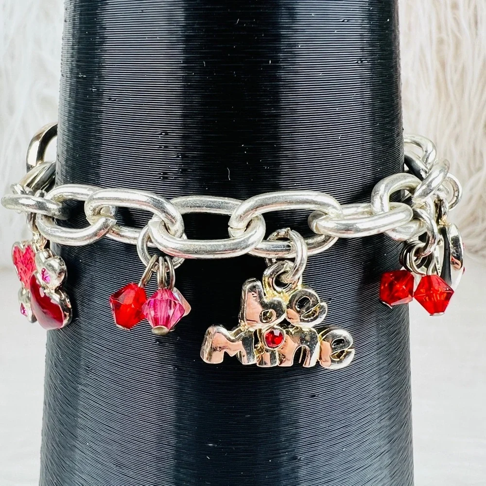 Silvertone and red charm Valentine, be mine heart small costume bracelet